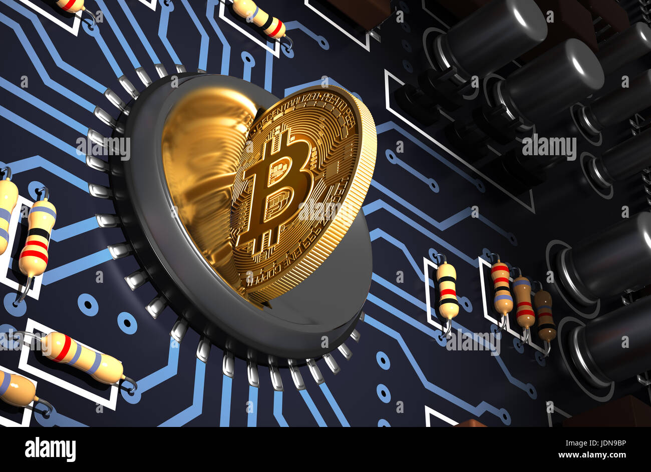 Mettere Bitcoin in Coin Slot sulla scheda madre blu e creazione di forma di cuore con la riflessione Foto Stock