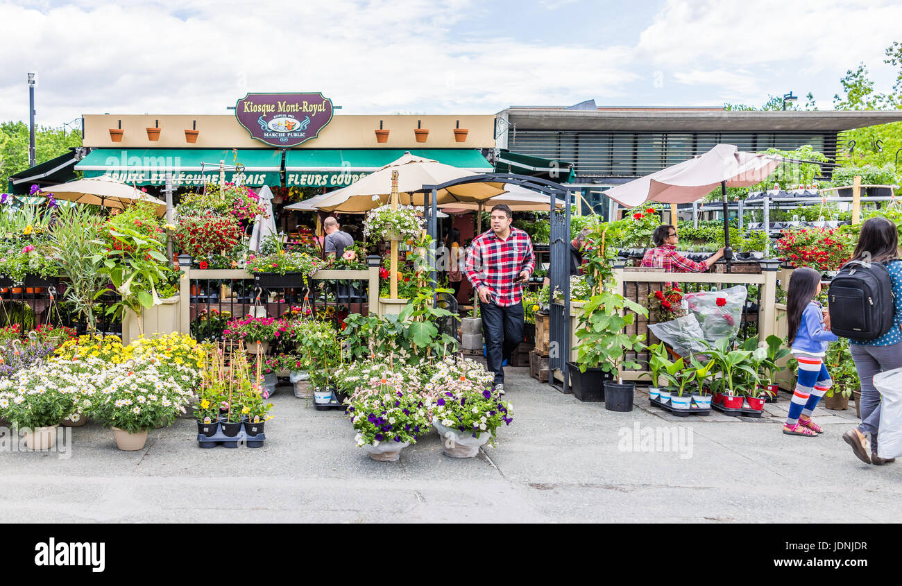 Montreal, Canada - 27 Maggio 2017: Fioraio a piedi dal famoso negozio vicino alla stazione metropolitana chiamato Kioske Mont-Royal nel quartiere di plateau durante l estate durante sunny Foto Stock