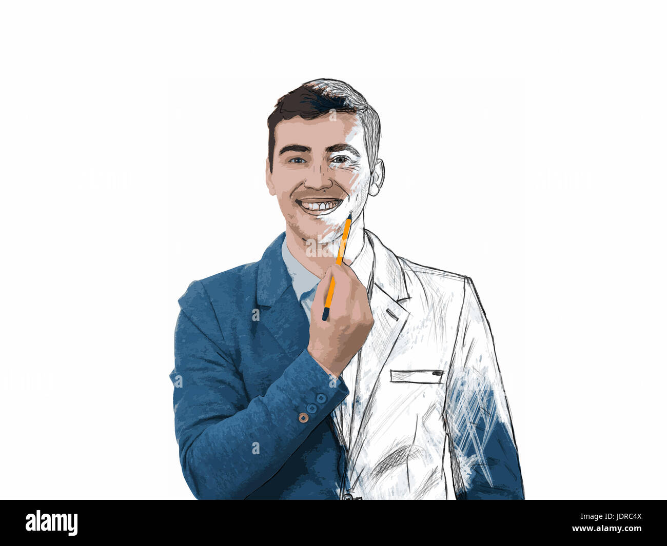 Illustrazione di un imprenditore sorridente e tenendo una matita appuntita per il suo volto il tentativo di tracciare uno schizzo del suo amore. Creare tu stesso idea, self svil Foto Stock