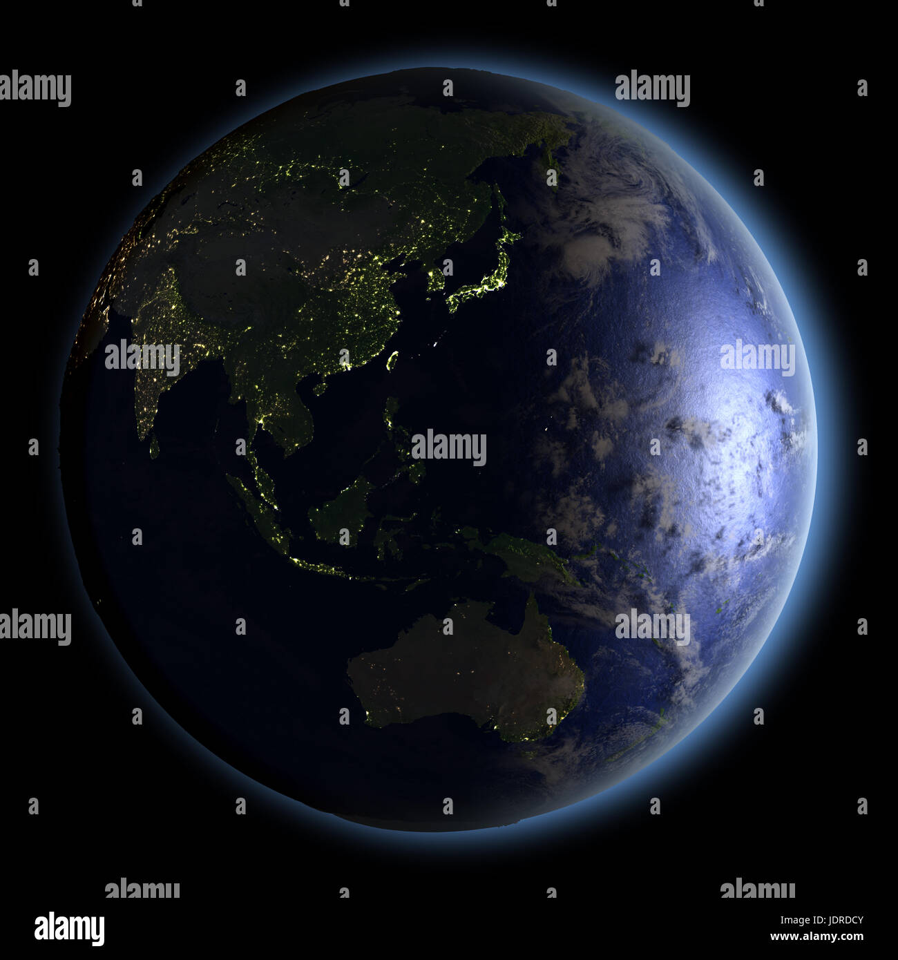 Il Pianeta Terra verso Oriente Asia di notte. 3D illustrazione con dettagliate pianeta superficie visibile e luci della citta'. Gli elementi di questa immagine fornita dalla NASA Foto Stock