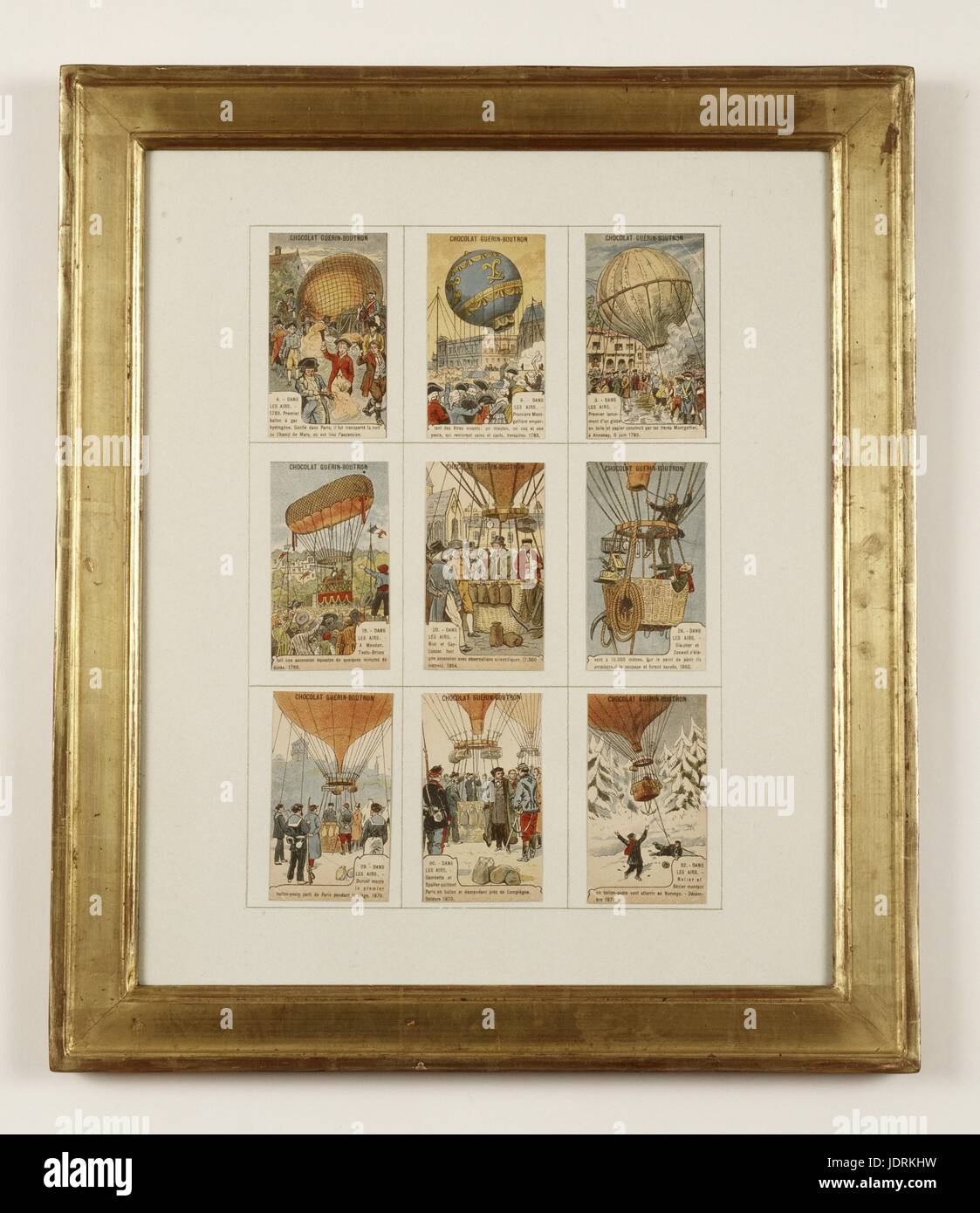 Vignette promozionale del Guérin-Boutron Casa di cioccolatini, riguardante i primi esperimenti aerostatico insieme di incorniciato chromos (51 x 48 cm) Muller-Quênot collection Foto Stock