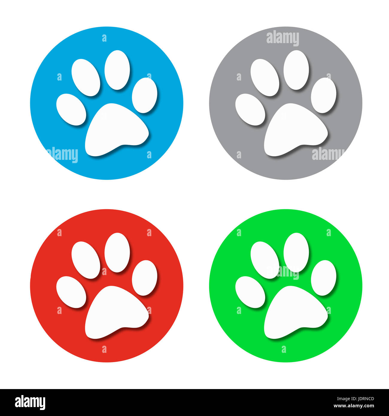 Set di icone di zampa animale stampe in diversi cerchi colorati. Grafica raster image Foto Stock