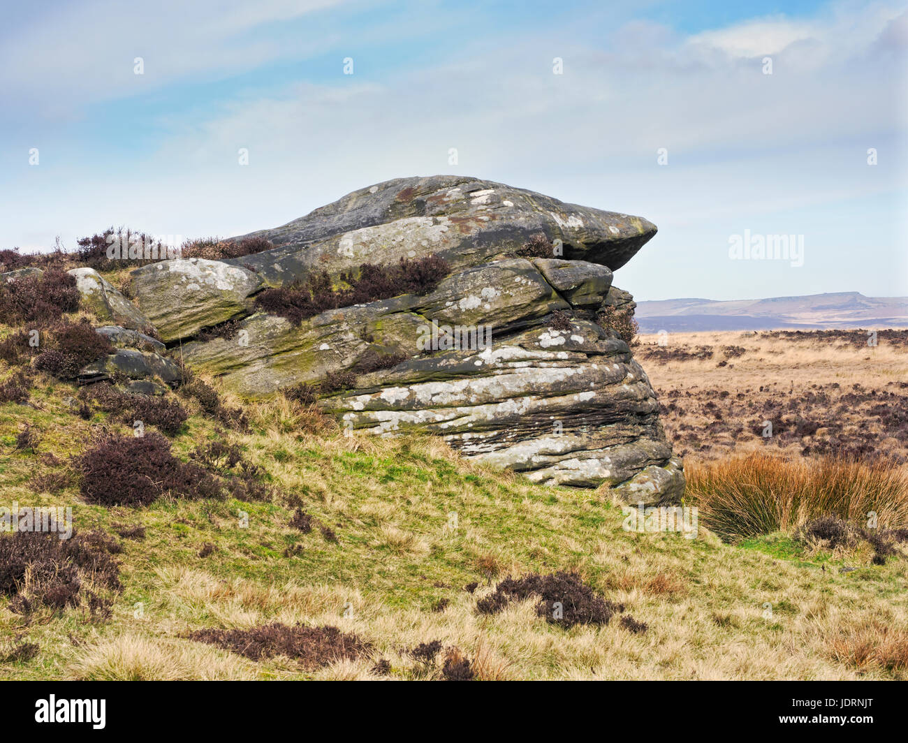 Gritstone rock formazione parzialmente agevolato coperti da manto erboso e marrone e secca bracken su The Derbyshire Mori Foto Stock