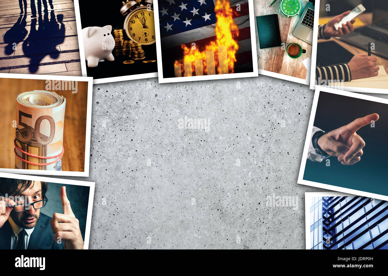 Business e imprenditorialità photo collage su cemento grigio sfondo Foto Stock