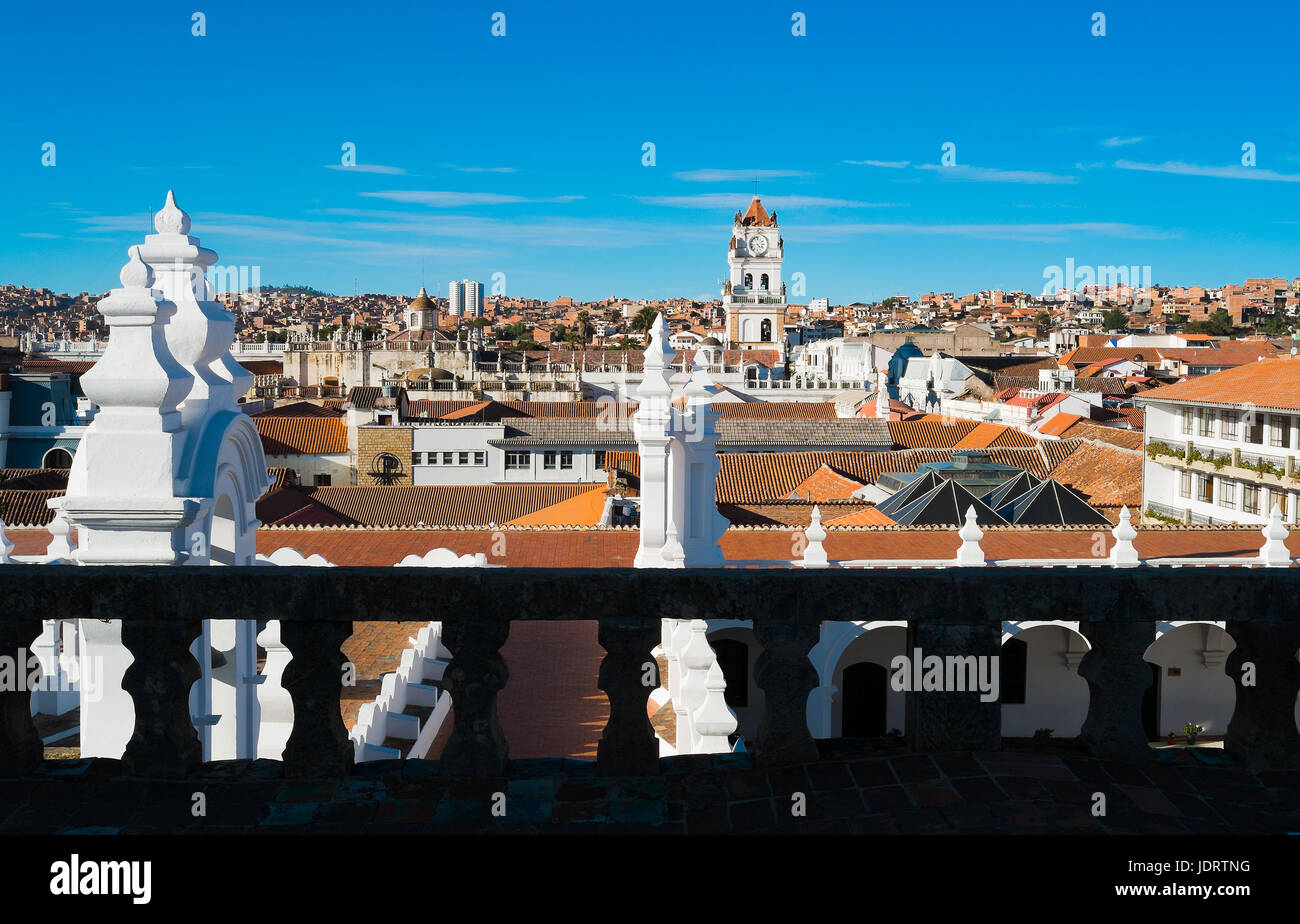 Vista aerea del centro cittadino di Sucre con la cattedrale da Felipe Neri monastero, Bolivia Foto Stock