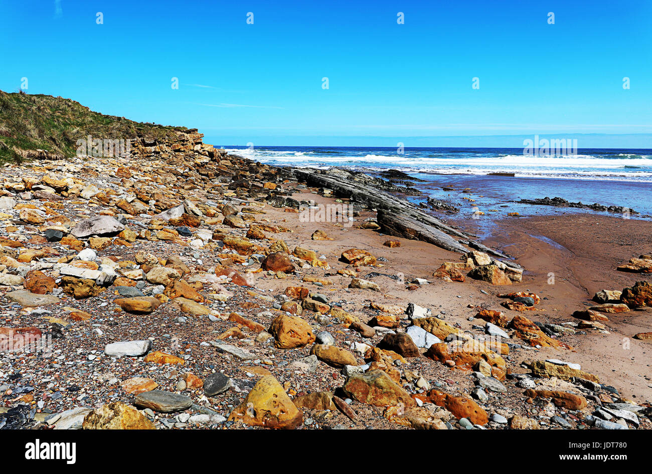 Rocce sparse sulla spiaggia Scremerston. Northumberland.UK Foto Stock