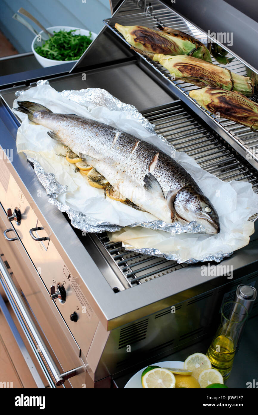 Cucina di pesce sul grill all'aperto Foto Stock