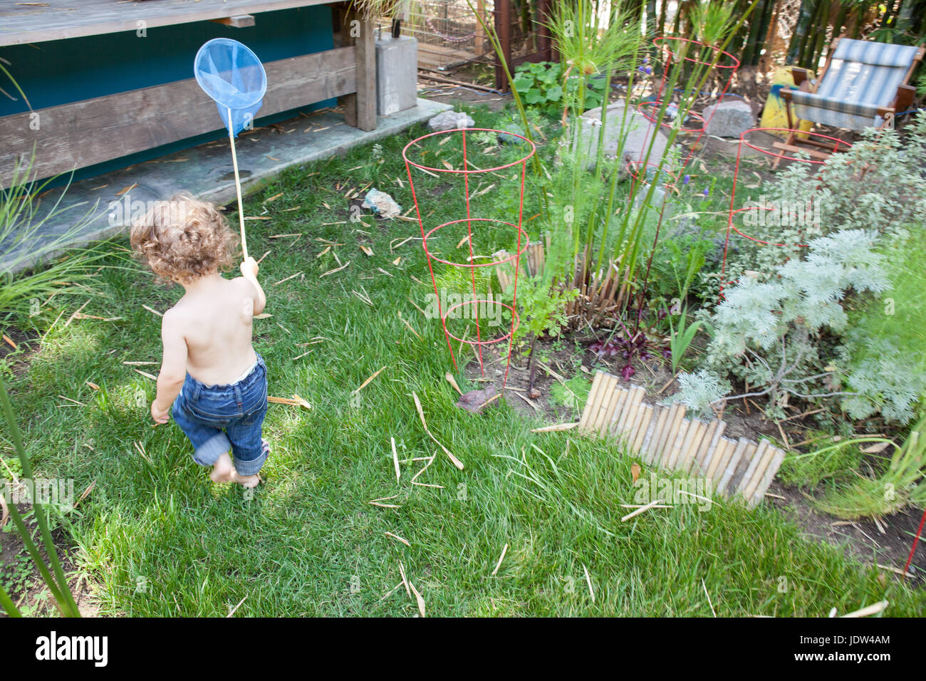 Ragazzo giocando con rete da pesca in giardino Foto Stock