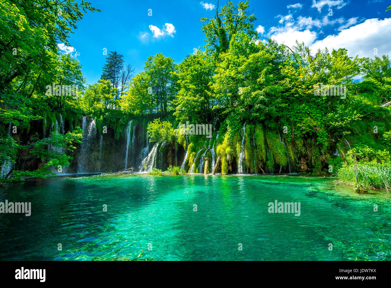 Una delle tante cascate presso il Parco Nazionale dei Laghi di Plitvice Foto Stock