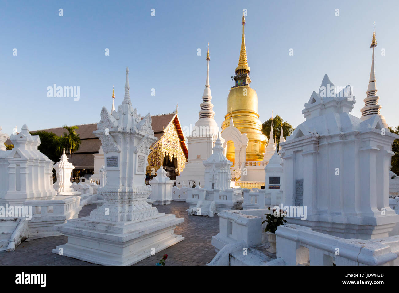 Bella wat Buddhisti Suandok tempio bianco a Chiang Mai nel nord della Thailandia. Paesaggio con la vecchia religione architettura nel sud est asiatico. Foto Stock