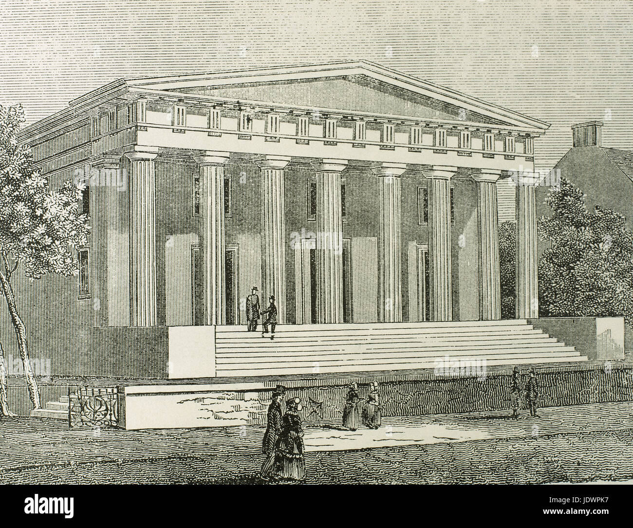 Stati Uniti. Philadelphia. In Pennsylvania. La seconda banca degli Stati Uniti, costruito tra il 1818-1824 dall'architetto americano William Strickland (1788-1854). Incisione. Foto Stock