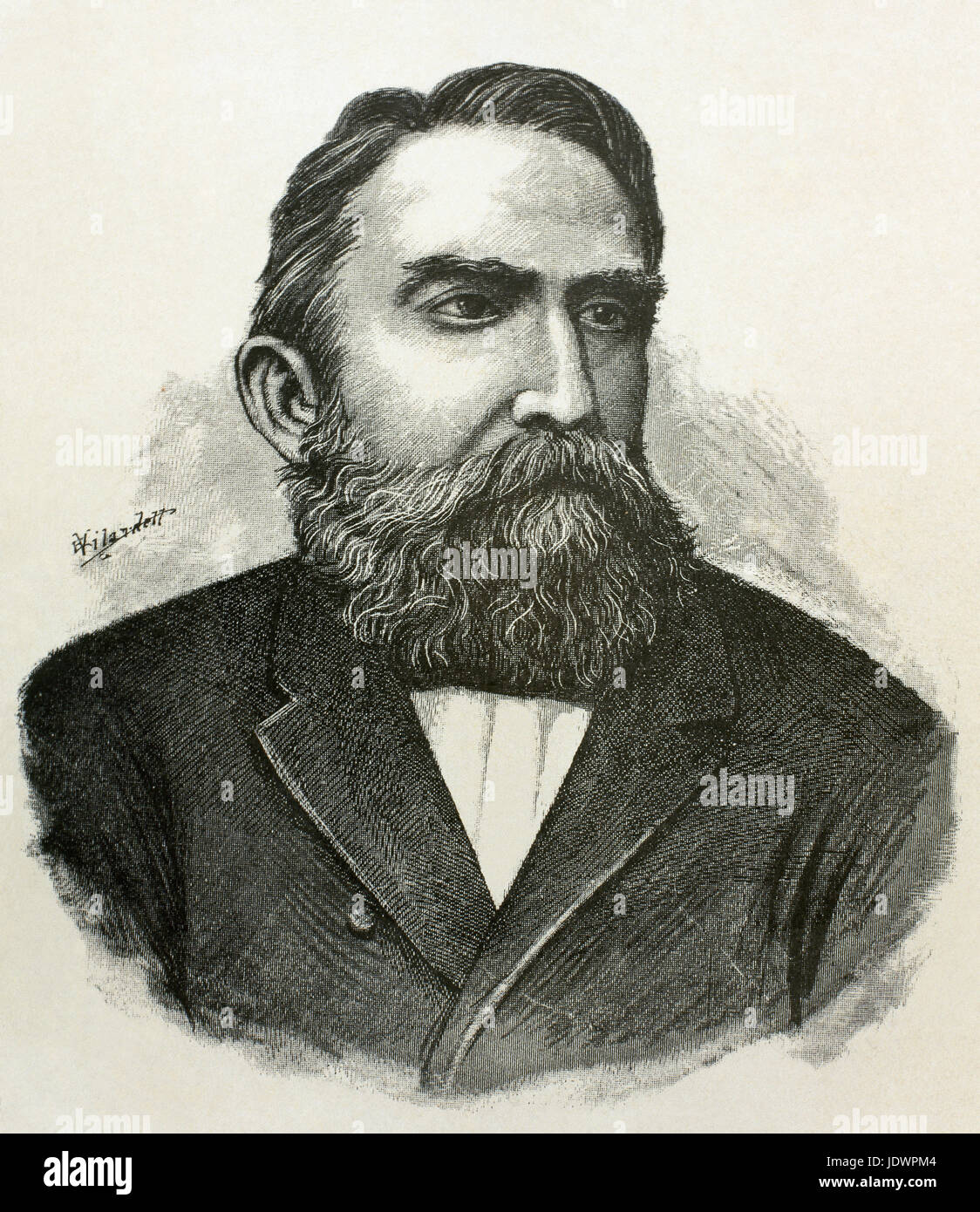 Rafael Nunez (1825-1894). Autore colombiano, avvocato, giornalista e politico. Eletto presidente della Colombia nel 1880 e nel 1884. Ritratto. Incisione. "Americanos Celebres', 1888. Foto Stock