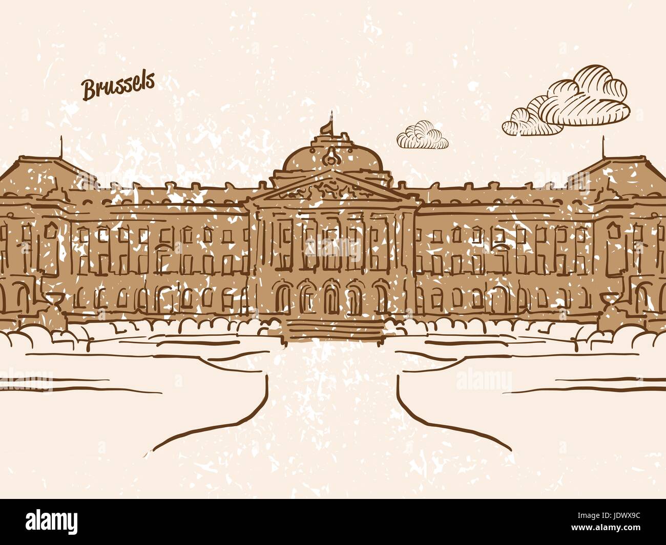 Bruxelles, Belgio, biglietto di auguri, mano immagine disegnata, famosa capitale europea, in stile vintage, illustrazione vettoriale Illustrazione Vettoriale