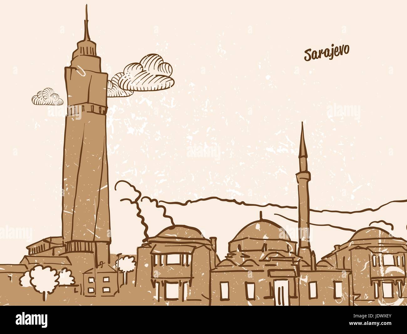 Sarajevo, Bosnia ed Erzegovina, biglietto di auguri, mano immagine disegnata, famosa capitale europea, in stile vintage, illustrazione vettoriale Illustrazione Vettoriale