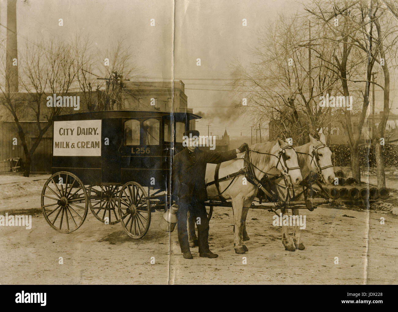 Antique c1905 fotografia, cavalli e carri con driver per città al Latte e crema di latte in Mankato, Minnesota. Fonte: fotografia originale. Foto Stock