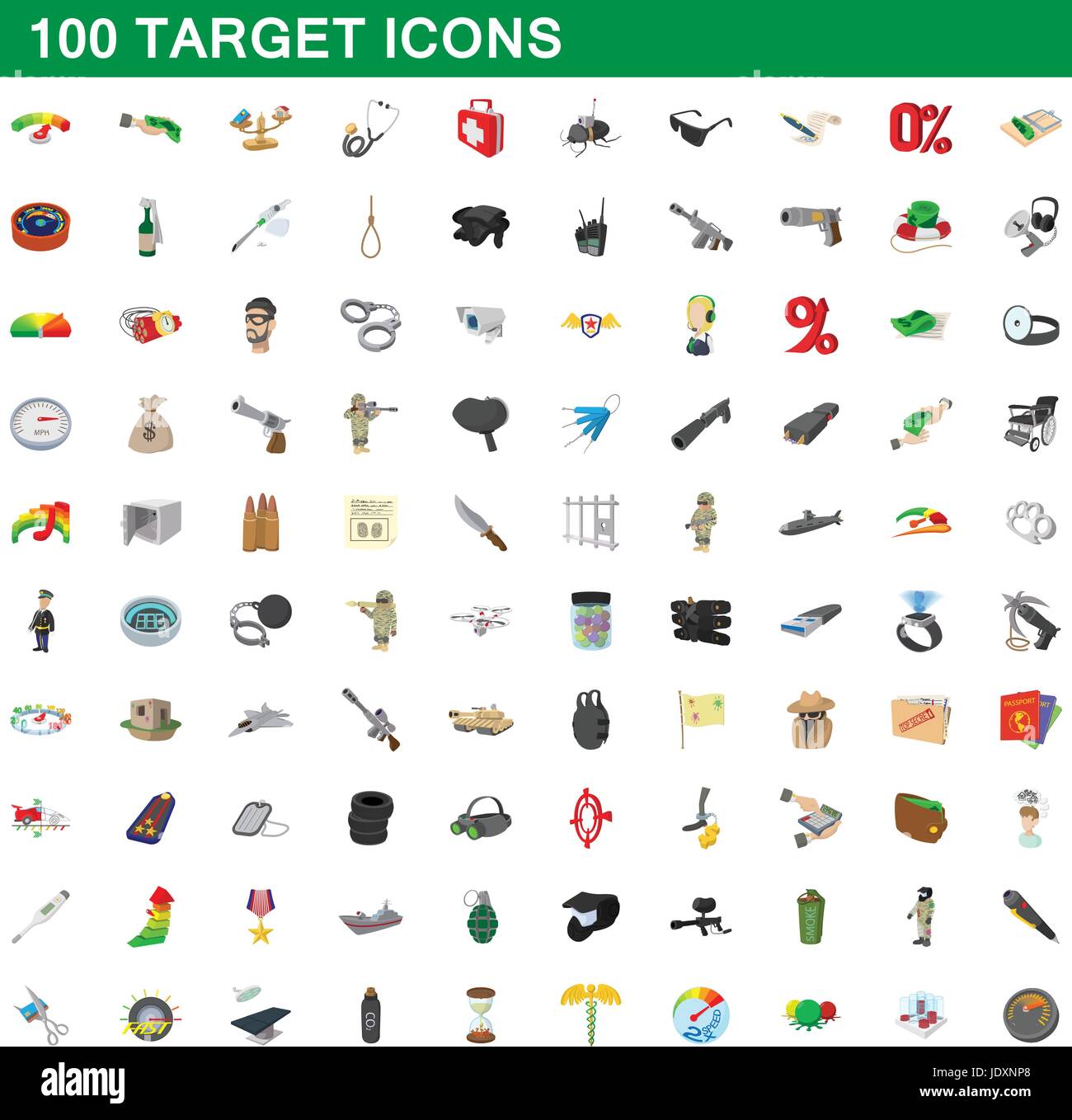 100 target set di icone in stile cartoon per qualsiasi design illustrazione vettoriale Illustrazione Vettoriale
