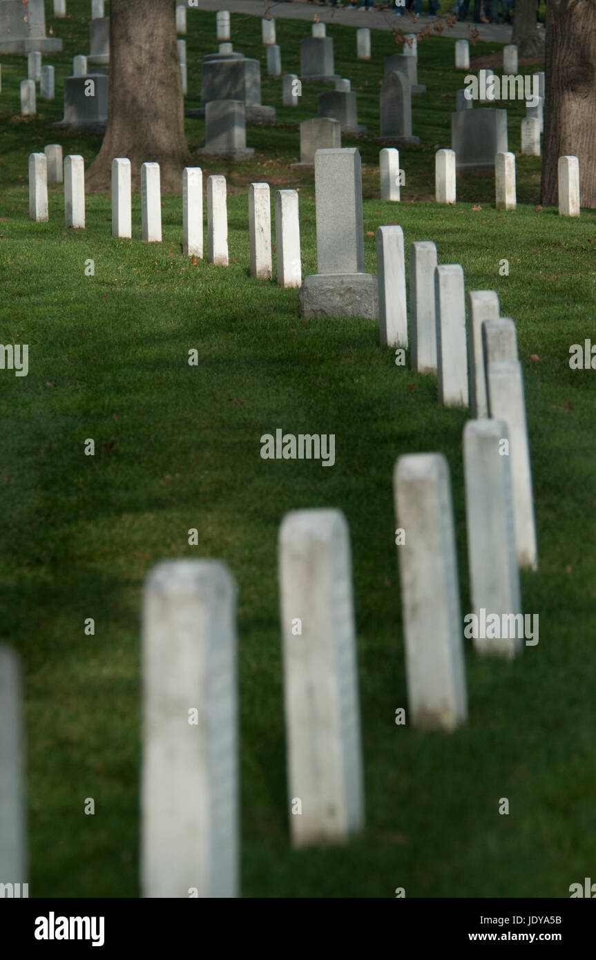 Una linea di lapidi mentre in lontananza, più grave, il Cimitero Nazionale di Arlington. Foto Stock
