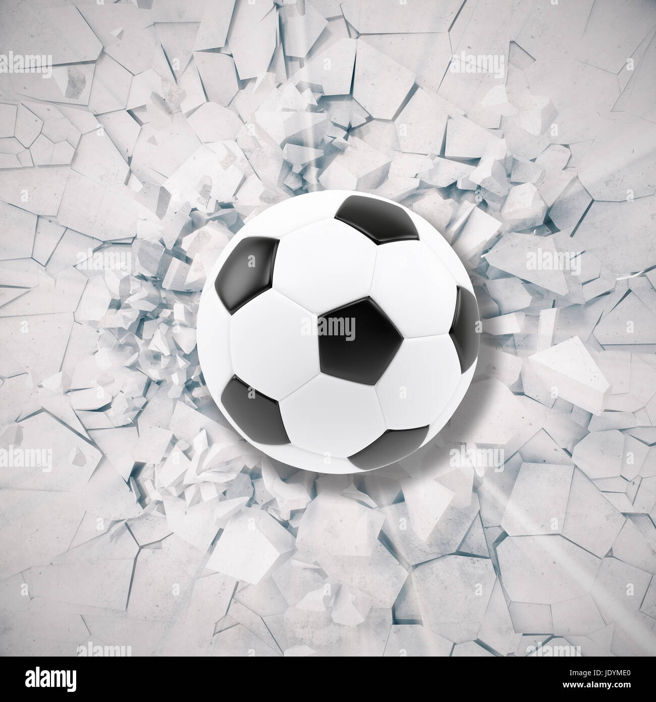 Illustrazione dello sport con la palla calcio provenienti in parete  incrinata. Rotto la massa di calcestruzzo sfondo astratto, rendering 3D  Foto stock - Alamy