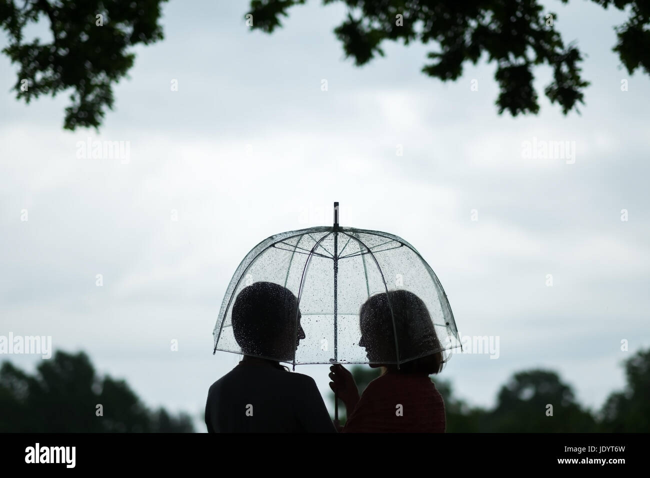 Due donne Parco a piedi sotto la pioggia e parlare. Amicizia e comunicazione con le persone. Rainy Foto Stock