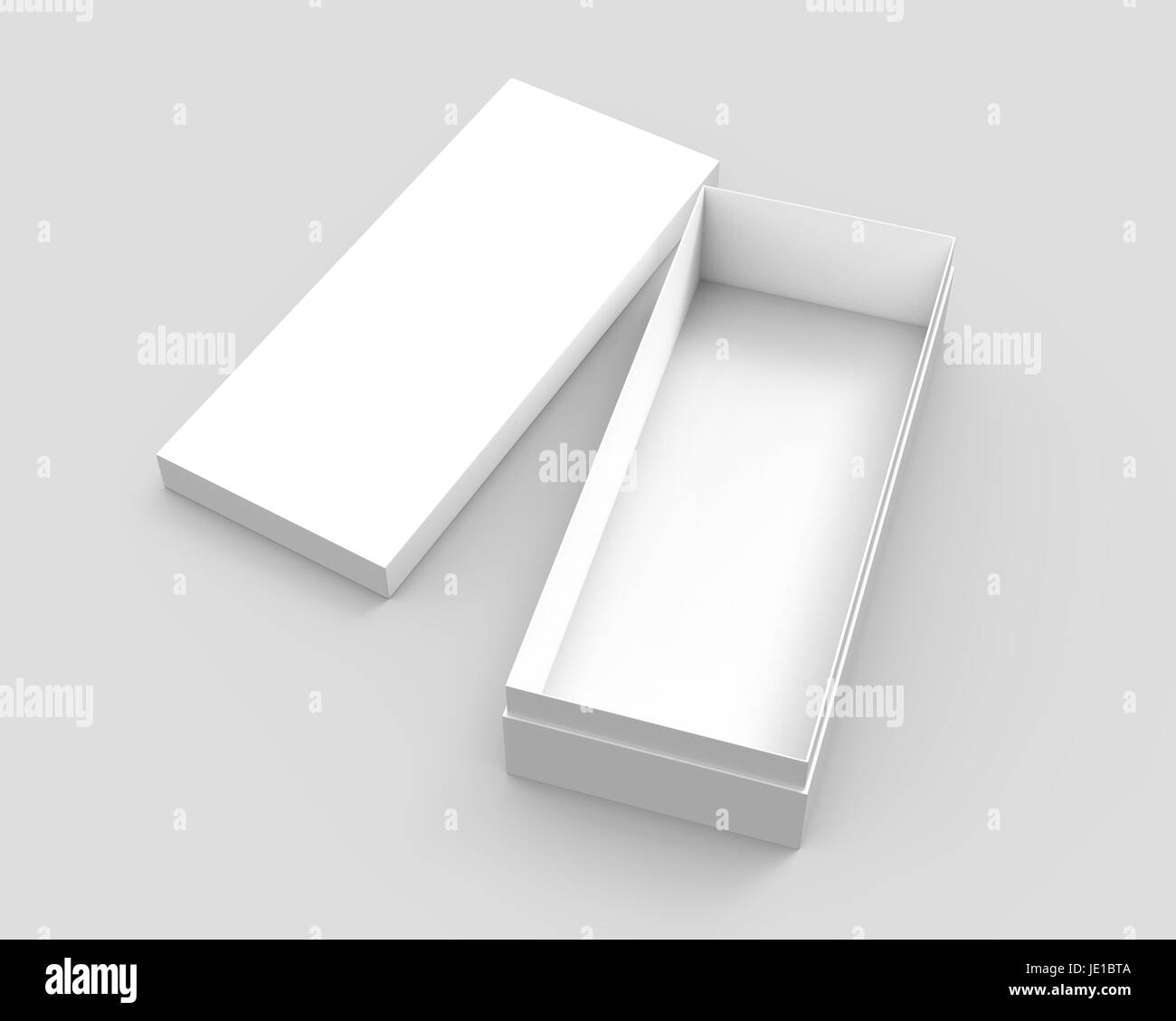 Inclinazione sinistra white 3d rendering fustellato scatola rettangolare aperta con separate casella coperchio, casualmente posti, isolati uno sfondo grigio, vista dall'alto Foto Stock