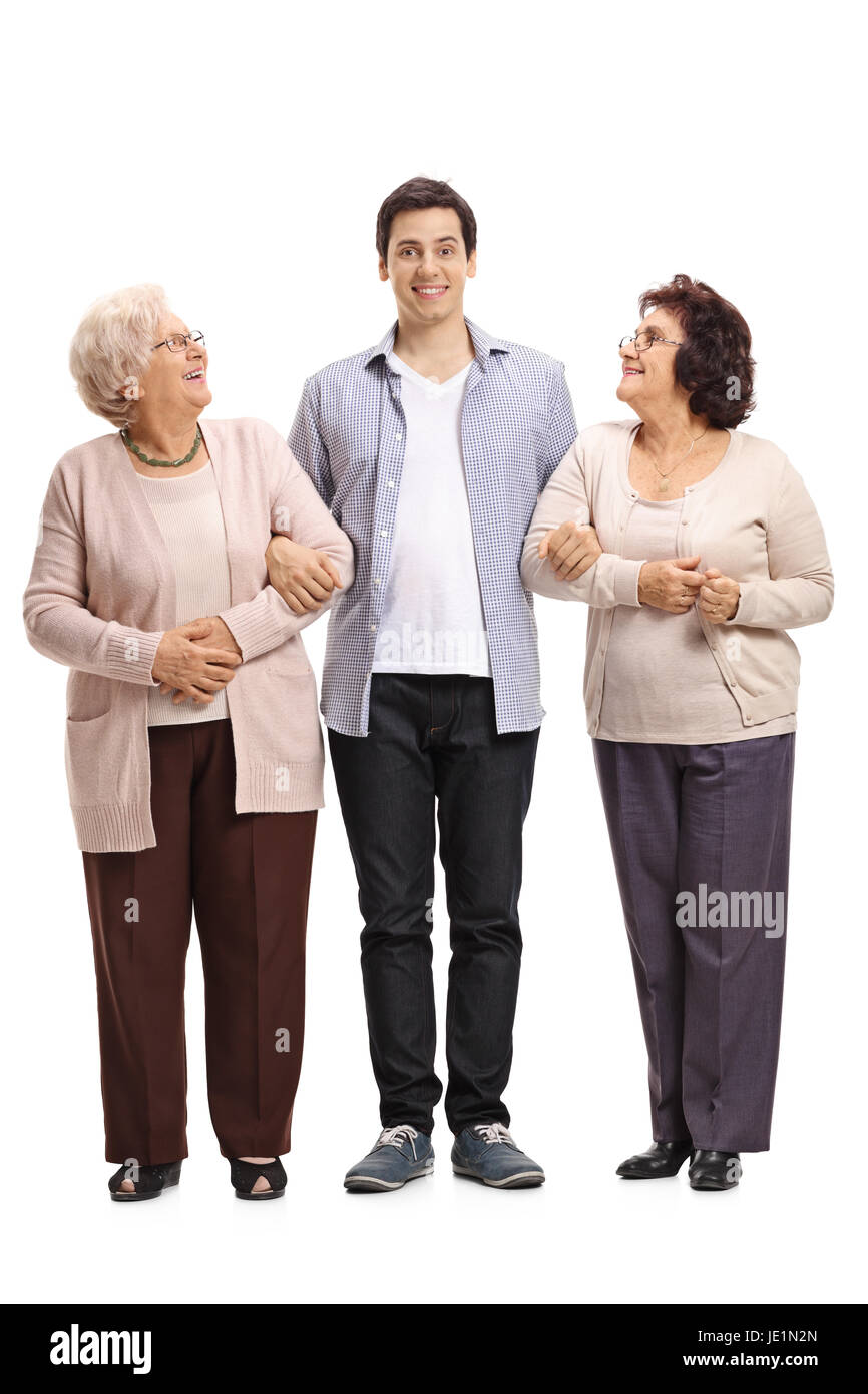 A piena lunghezza Ritratto di una giovane con due donne mature isolati su sfondo bianco Foto Stock