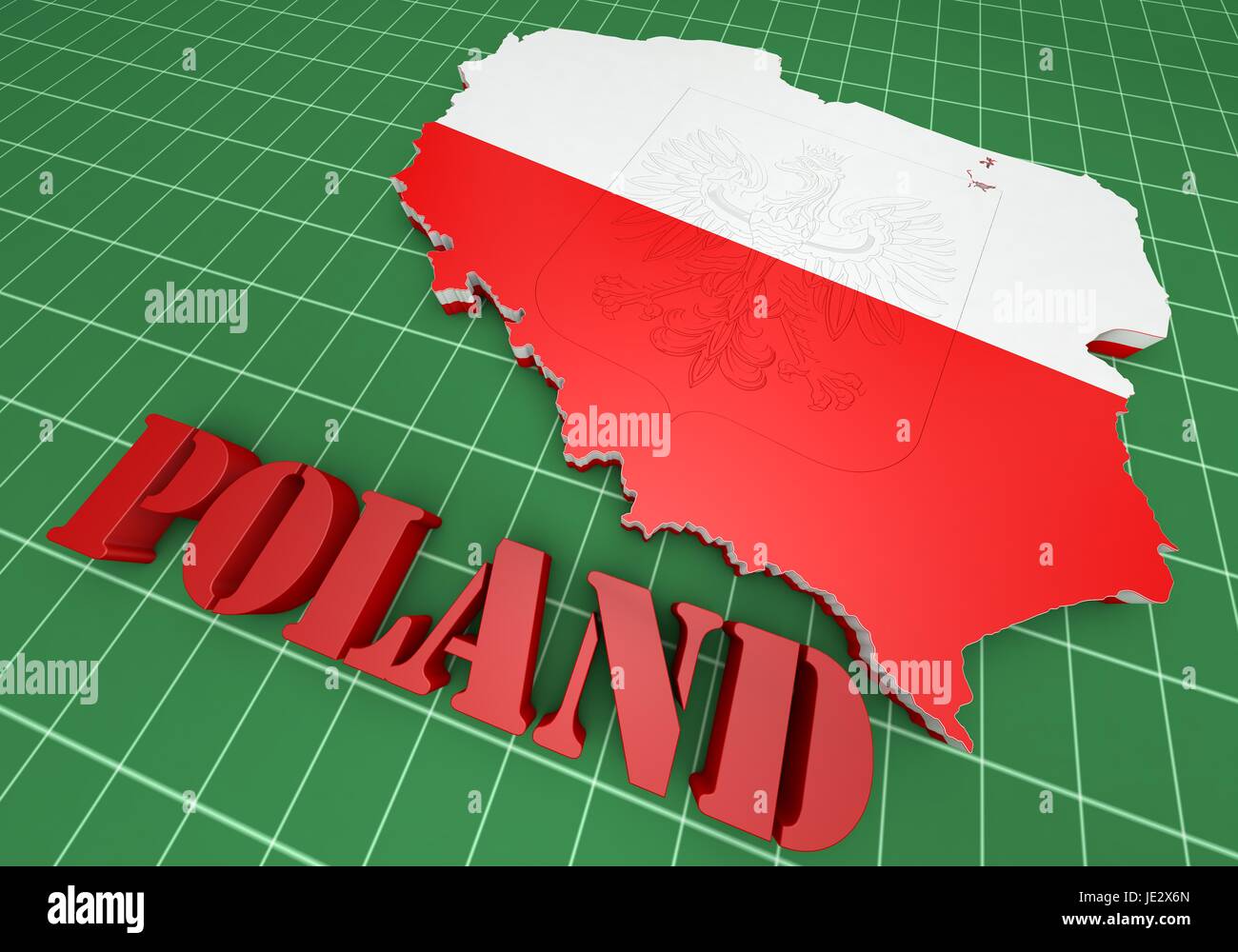 Mappa 3D illustrazione della Polonia con bandiera e stemma Foto Stock