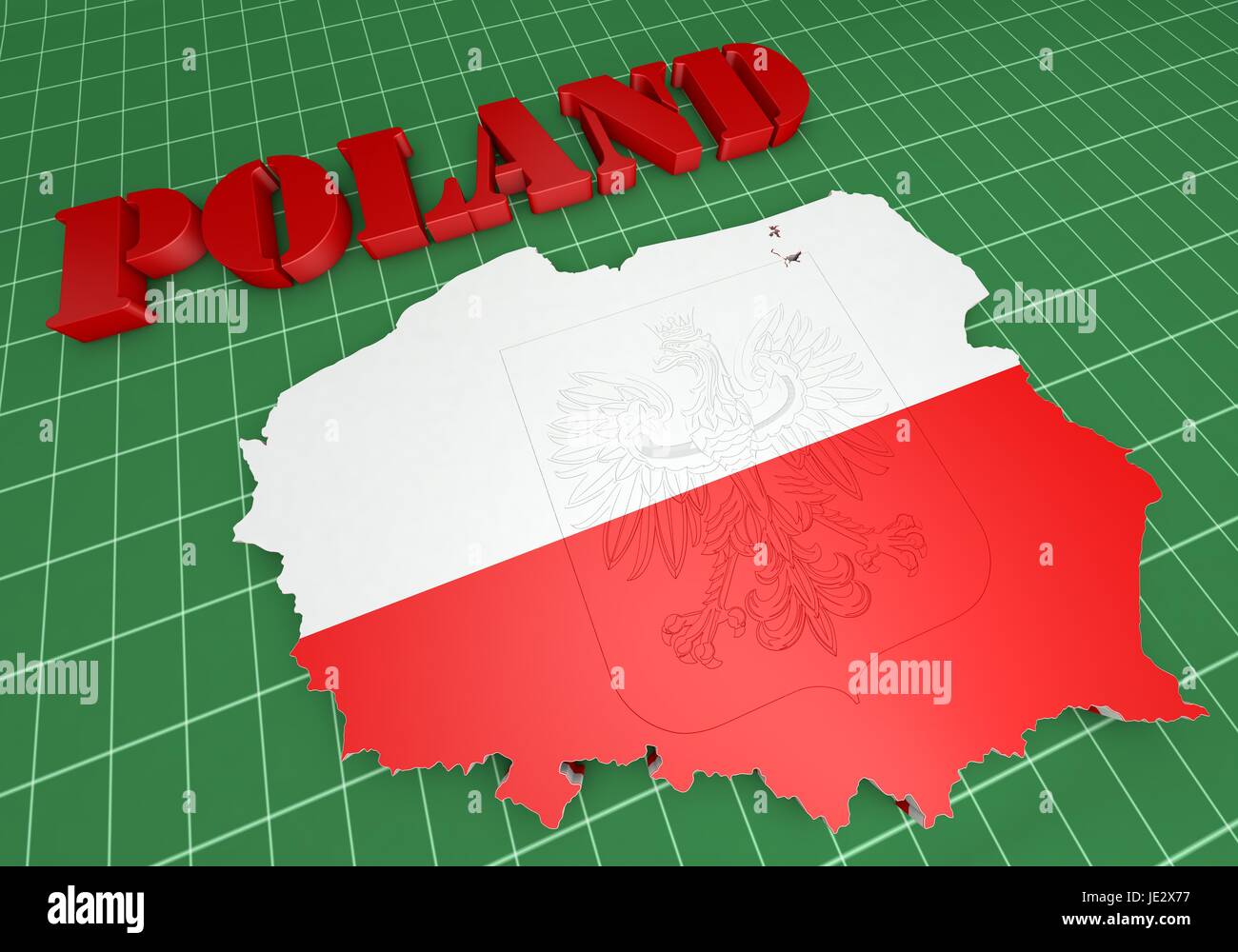Mappa 3D illustrazione della Polonia con bandiera e stemma Foto Stock