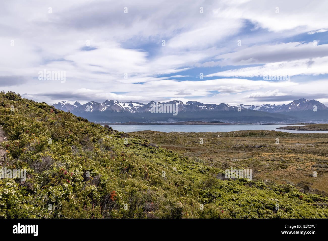 Isola e vista montagne nel Canale di Beagle - Ushuaia, Tierra del Fuego, Argentina Foto Stock