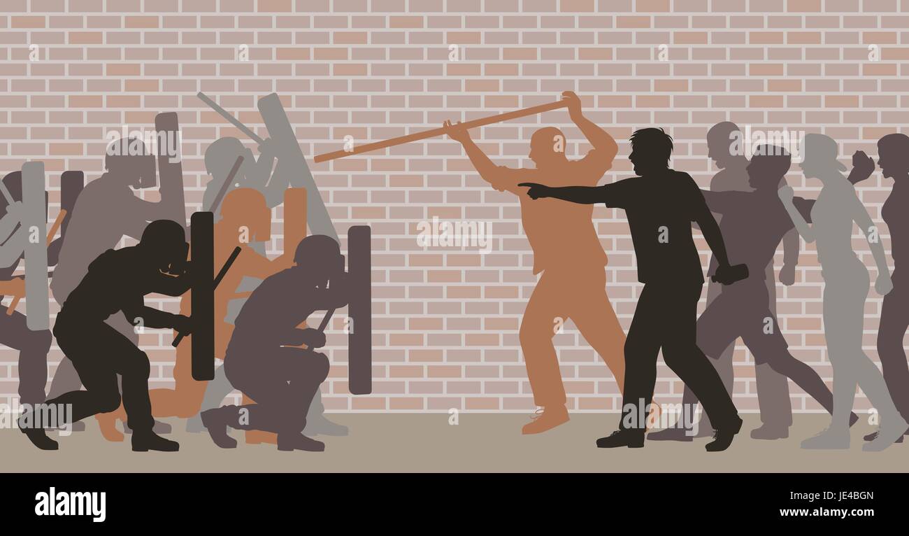 Vettoriale modificabile illustrazione di esclusione della polizia e un arrabbiato mob Illustrazione Vettoriale