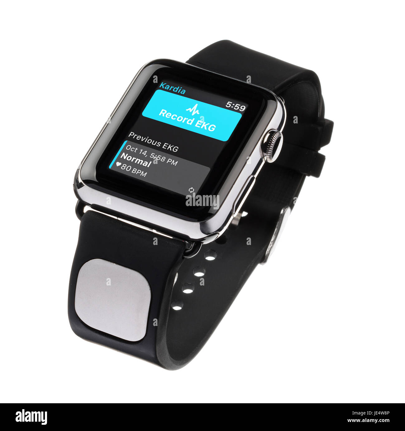 AliveCor Kardia Band su un Apple guarda. Registrare e monitorare il cuore throgh applicazione. Foto Stock