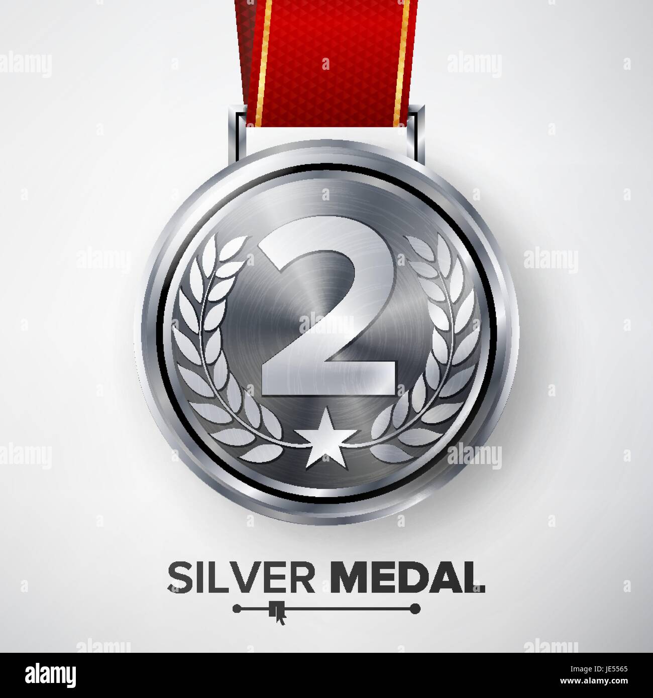 Medaglia d argento vettore. Realistico di metallo secondo piazzamento conseguimento. Round medaglia con nastro rosso, Rilievo particolare della corona di alloro e la stella. Concorrenza G Illustrazione Vettoriale