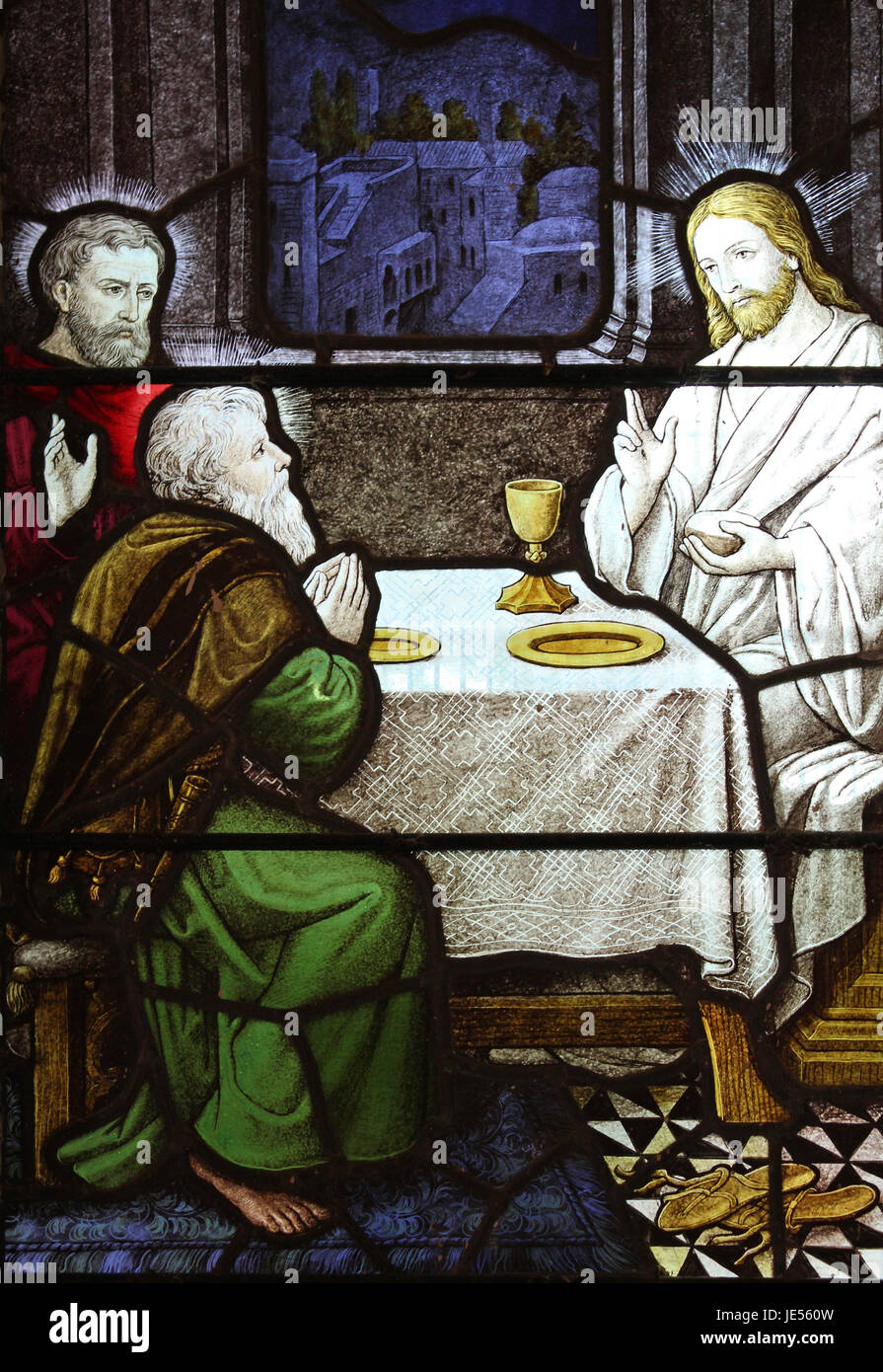 Finestra di Vetro colorato nella Chiesa Caerhun, Conwy Valley, Wale Foto Stock