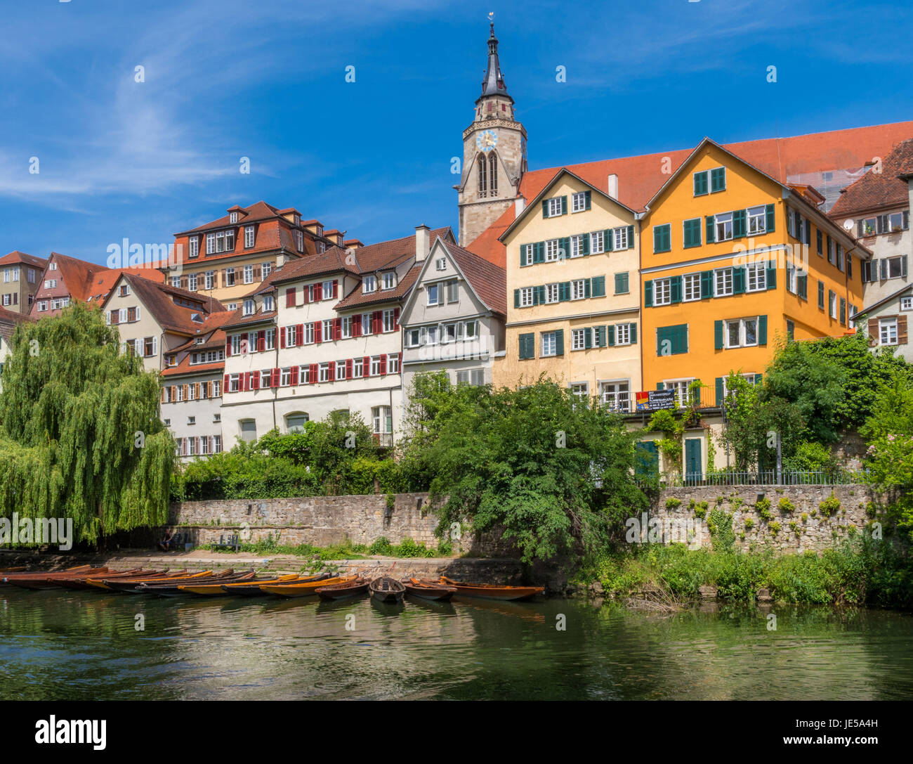 Case sul fiume Neckar, città vecchia, Tuebingen, Svevo, Baden-Wuerttemberg, Germania, Europa Foto Stock