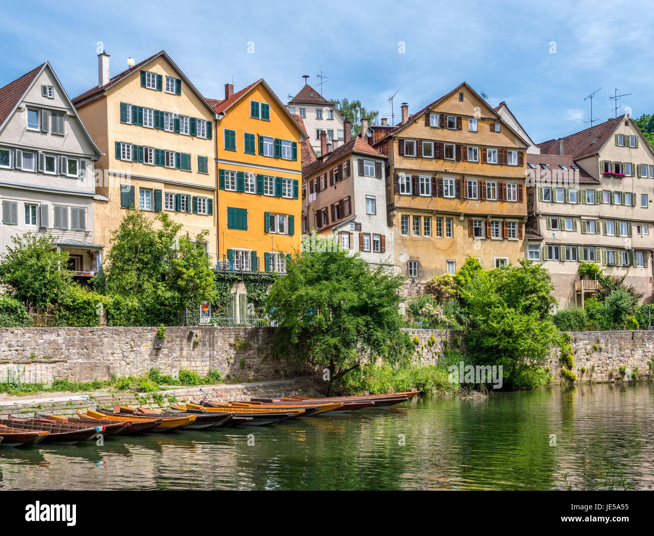 Case sul fiume Neckar, città vecchia, Tuebingen, Svevo, Baden-Wuerttemberg, Germania, Europa Foto Stock