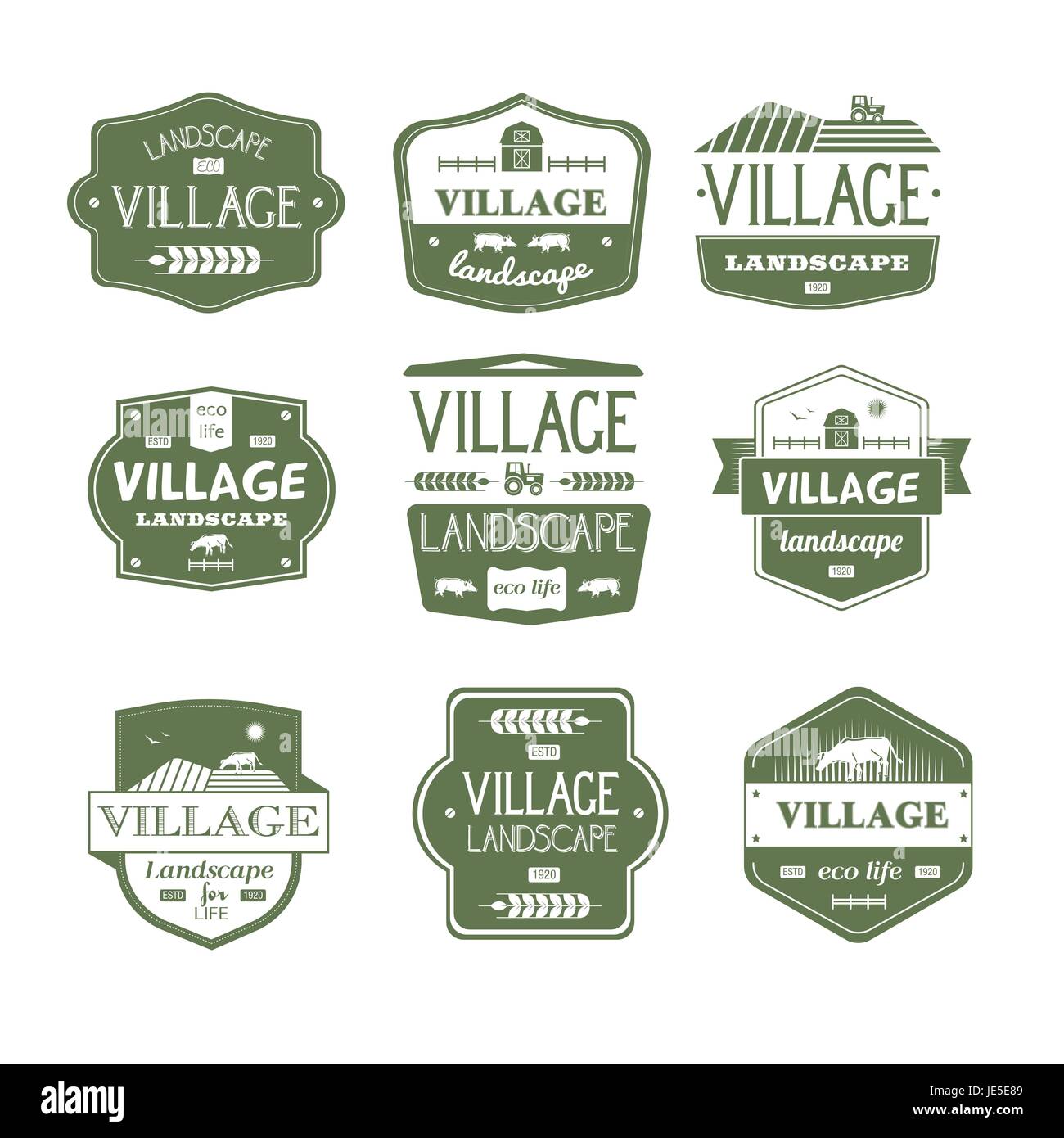 La vita del villaggio - vintage vector set di loghi Illustrazione Vettoriale