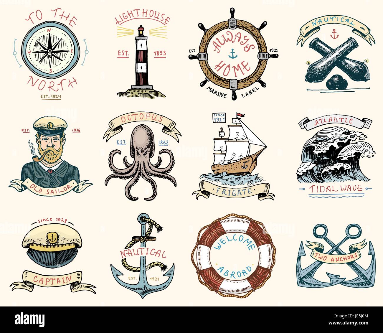 Set di incisi vintage, disegnati a mano, vecchio, etichette o badge per Atlantic onda di marea, faro e polpi o creatura del mare, fregata o nave. Marine e nautiche o mare oceano, emblemi. Illustrazione Vettoriale