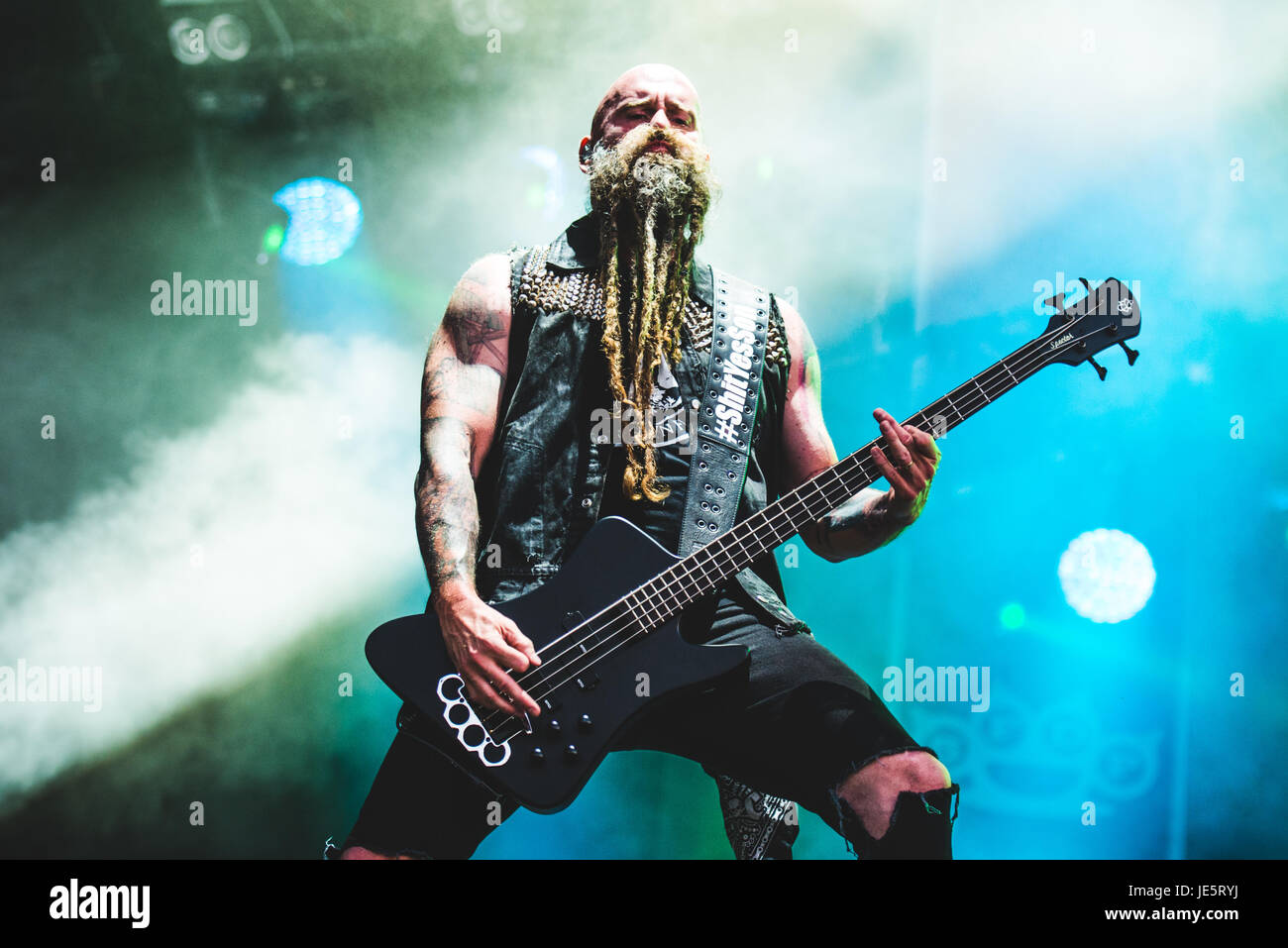 Clisson, Francia. Il 18 giugno, 2017. Cinque Dita morte punzone suonare dal vivo presso il Festival Hellfest 2017 con il loro nuovo cantante Tommy Vext. Credito: Alessandro Bosio/Pacific Press/Alamy Live News Foto Stock