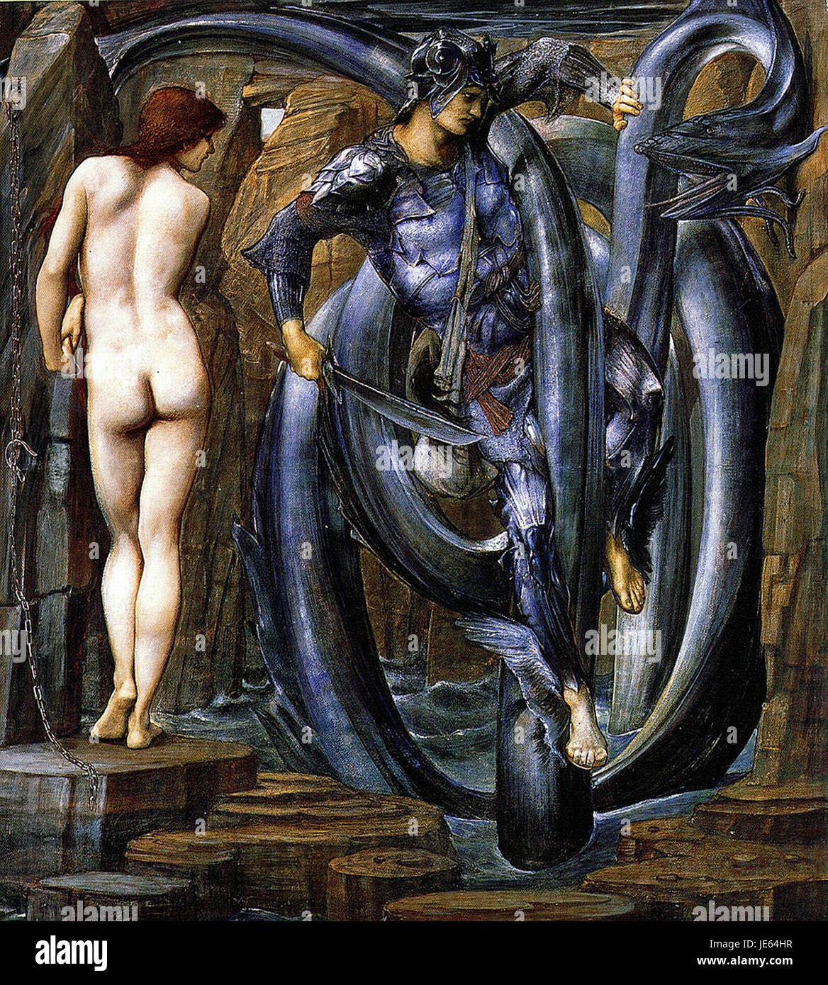 Il dipinto "Perseo" di Edward Burne-Jones raffigura l'eroe mitologico Perseo, noto per aver ucciso la Gorgone Medusa. L'opera riflette lo stile preraffaellita di Burne-Jones, enfatizzando i dettagli intricati, il romanticismo e la narrazione eroica della mitologia greca. Foto Stock