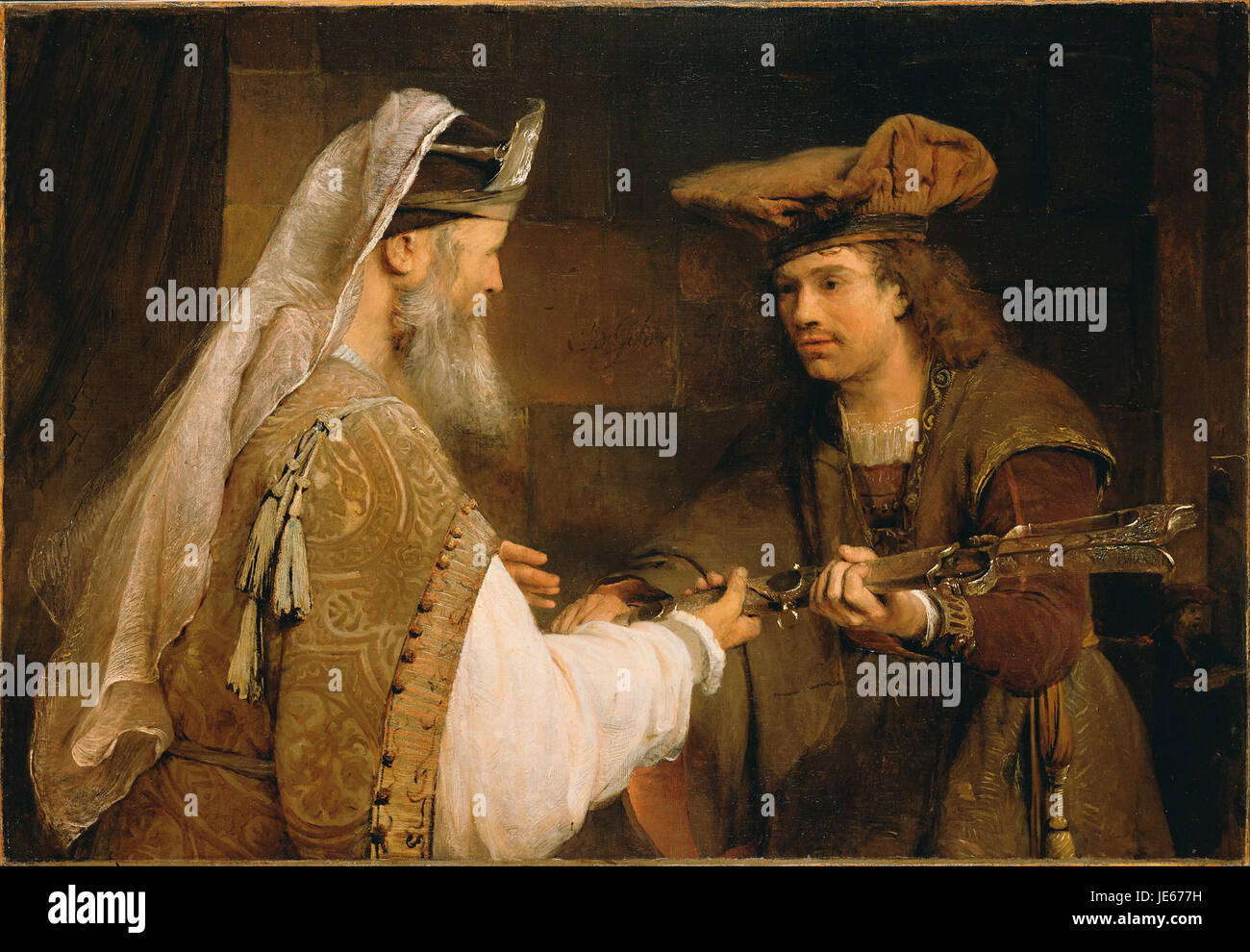 L'opera d'arte di Aert de Gelder, "Ahimelech dà la spada di Golia a Davide", illustra una scena biblica tratta dalla storia di Davide e Golia, raffigurante Ahimelech che offre la spada a Davide. Foto Stock L'opera d'arte di Aert de Gelder, "Ahimelech dà la spada di Golia a Davide", illustra una scena biblica tratta dalla storia di Davide e Golia, raffigurante Ahimelech che offre la spada a Davide. Foto Stock