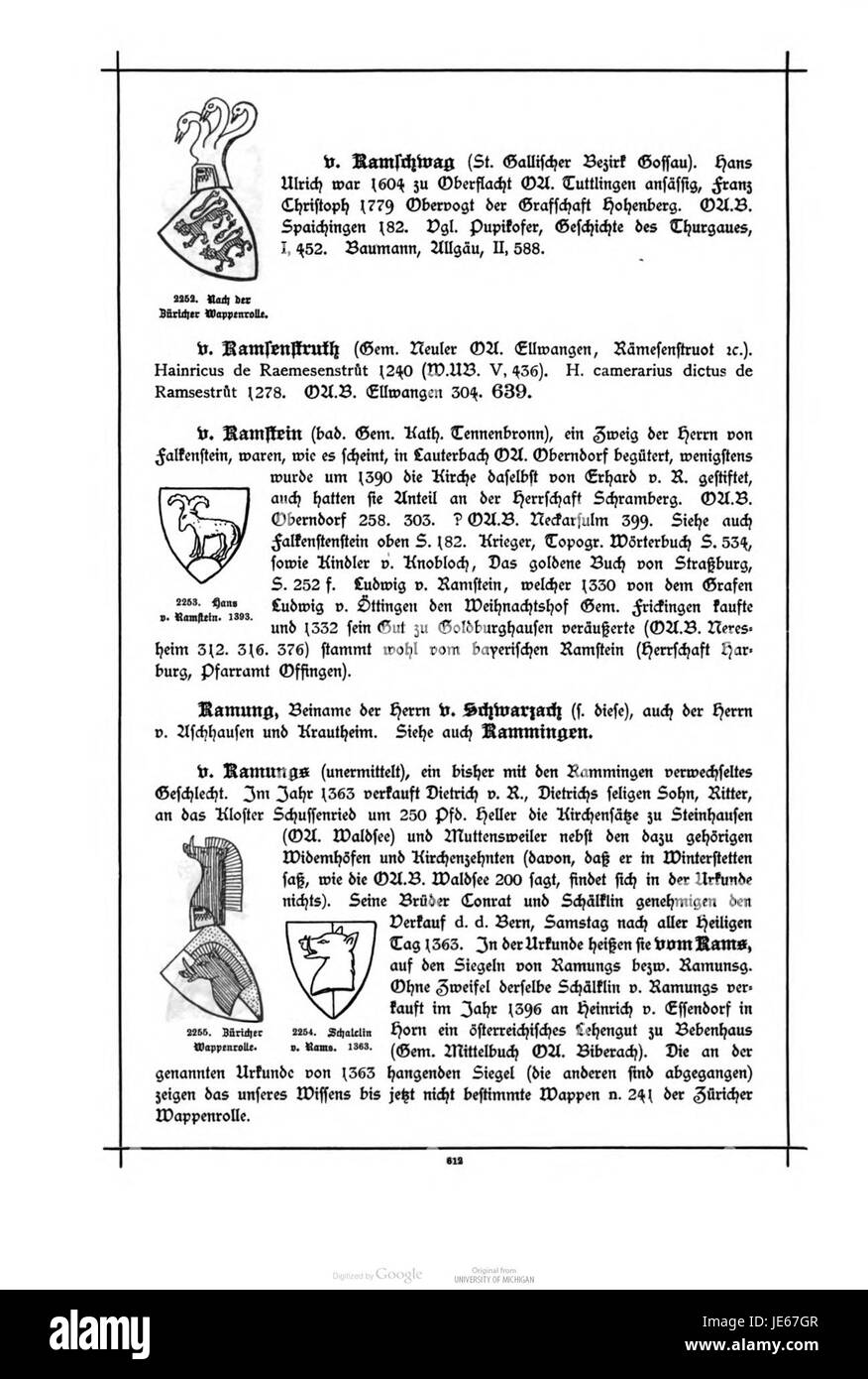 Un testo storico intitolato "Wuerttembergisches Adels- und Wappenbuch", datato 11 giugno, che presenta dettagli sulle famiglie nobili e l'araldica a Württemberg. Foto Stock