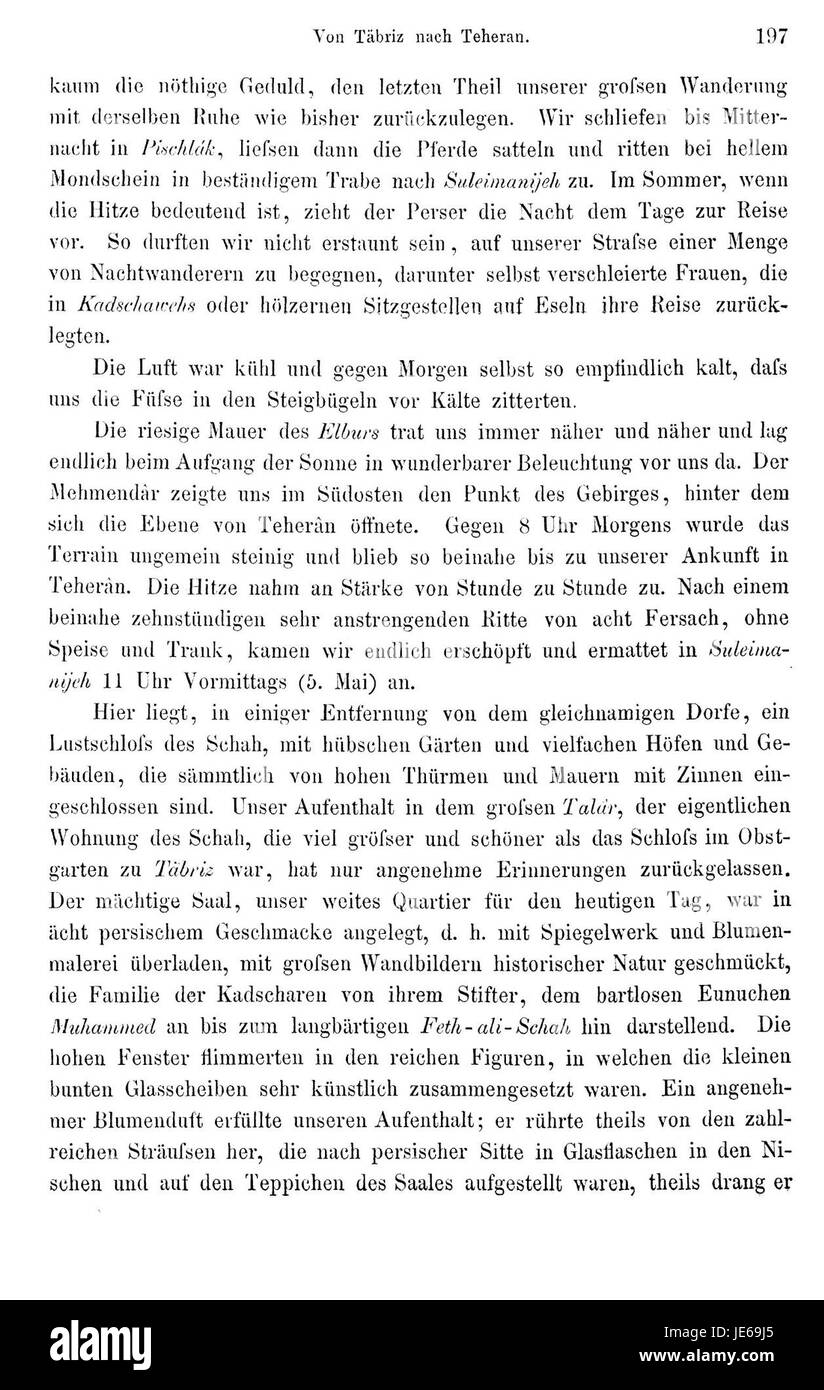Un estratto dal "Reise nach Persien" di Brugsch, pagina 215, che descrive un resoconto dei viaggi dell'autore in Persia, esplorando la cultura, il paesaggio e le esperienze incontrate durante il suo viaggio. Foto Stock