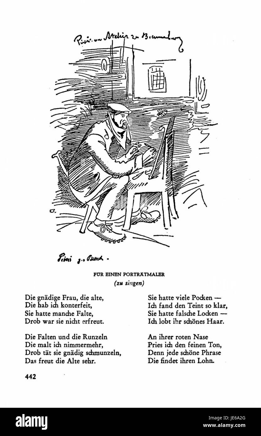 Questa immagine mostra una pagina di "Busch Werke", volume 4, che contiene l'arte e la letteratura tedesca, comprese illustrazioni e opere scritte del XIX secolo. Foto Stock