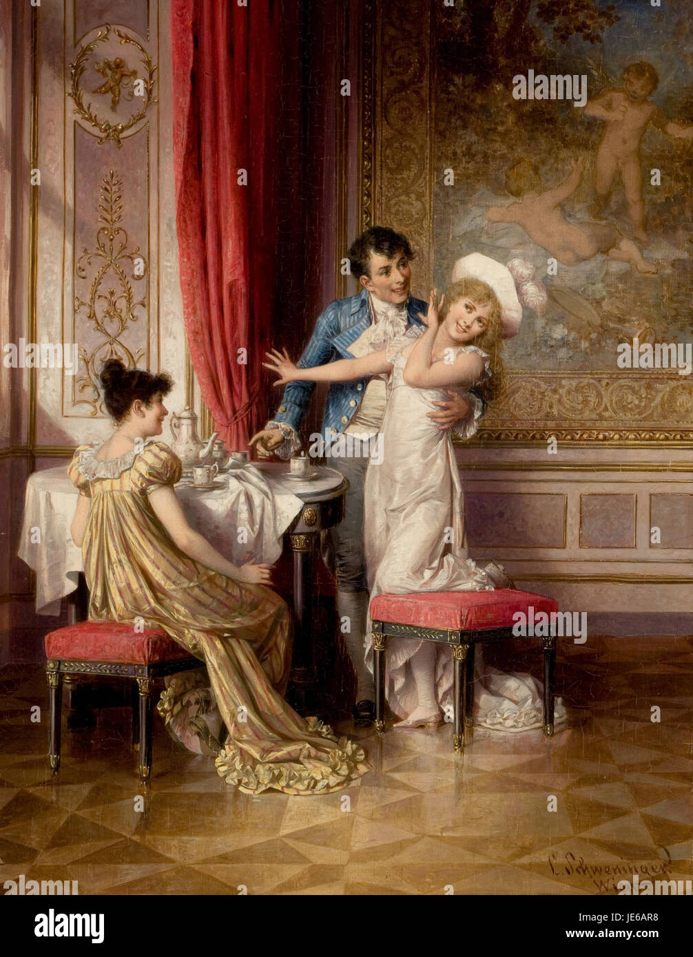 Questo dipinto di Carl Schweninger il giovane, intitolato "non volenteroso", mostra una figura che esprime riluttanza o resistenza. Il pezzo è un'esplorazione dell'emozione umana, catturata con la caratteristica attenzione ai dettagli e la pennellata espressiva di Schweninger. Foto Stock