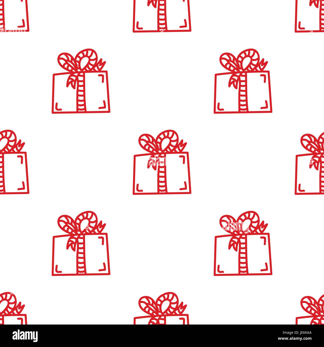 Confezione regalo con nastro rosso vettore di linea seamless pattern. Disegnata a mano piastrellabile sfondo, elemento di design per il negozio di articoli da regalo o souvenir shop flyer, banner, c Illustrazione Vettoriale