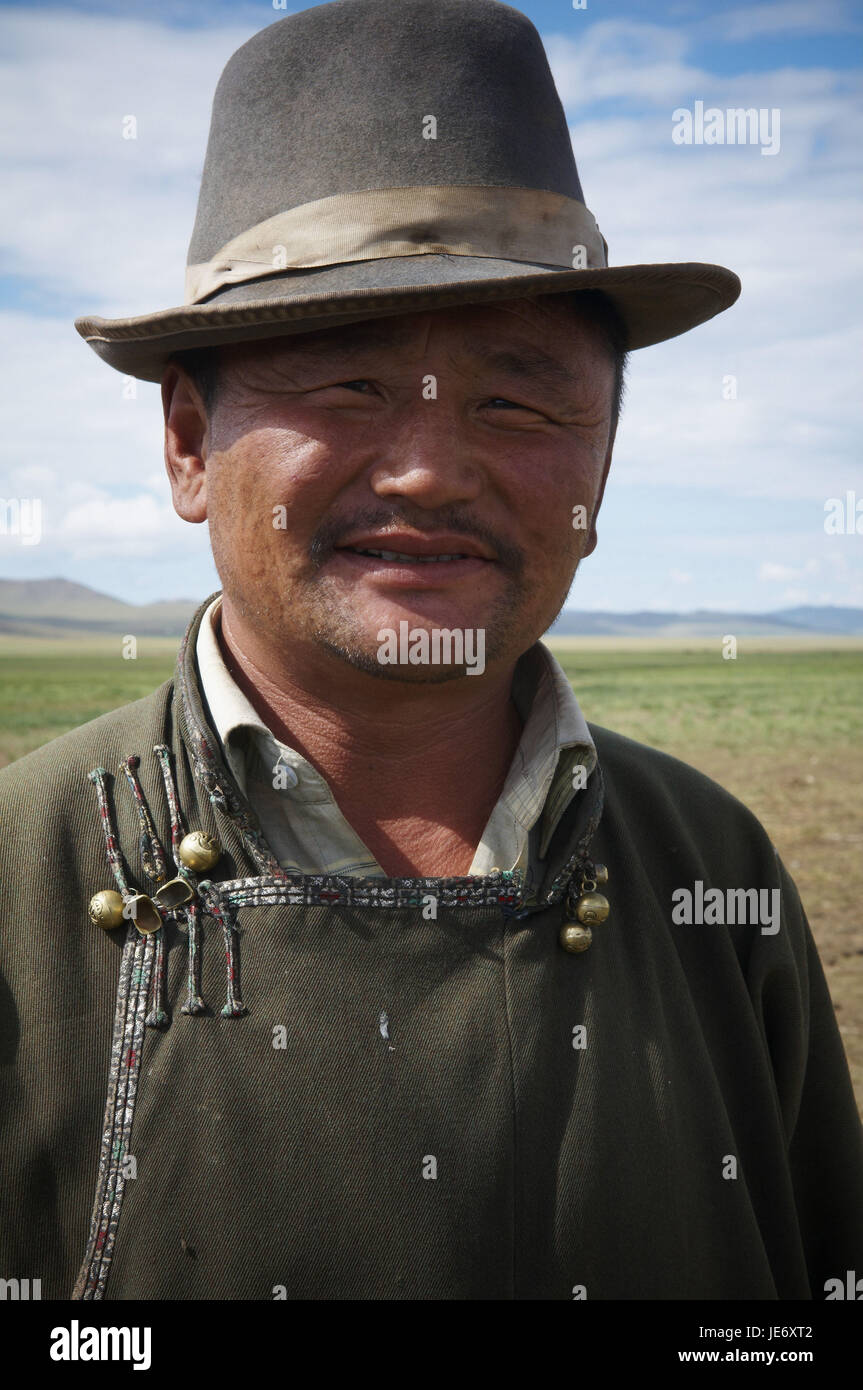In Mongolia e in Asia centrale, provincia Arkhangai, nomade, uomo con cura, ritratto, Foto Stock