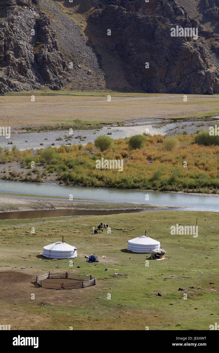In Mongolia e in Asia centrale, Ovorkhangai provincia, storico Orkhon valley, patrimonio mondiale dell UNESCO, flusso Orkhon, nomad, supporto, Jurten, Foto Stock