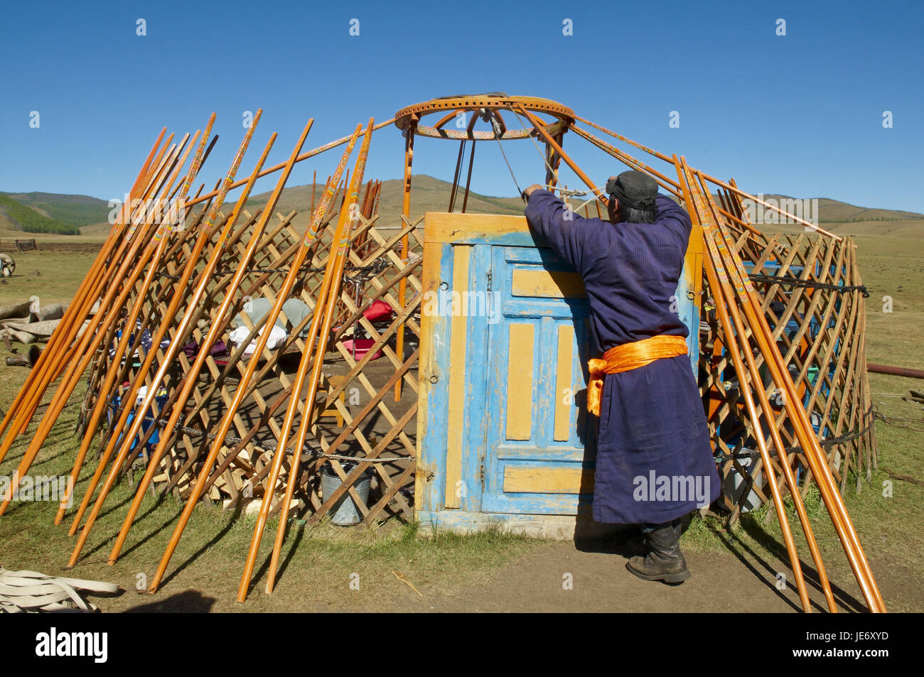 In Mongolia e in Asia centrale, provincia Arkhangai, nomad, supporto, Jurte break down, Foto Stock