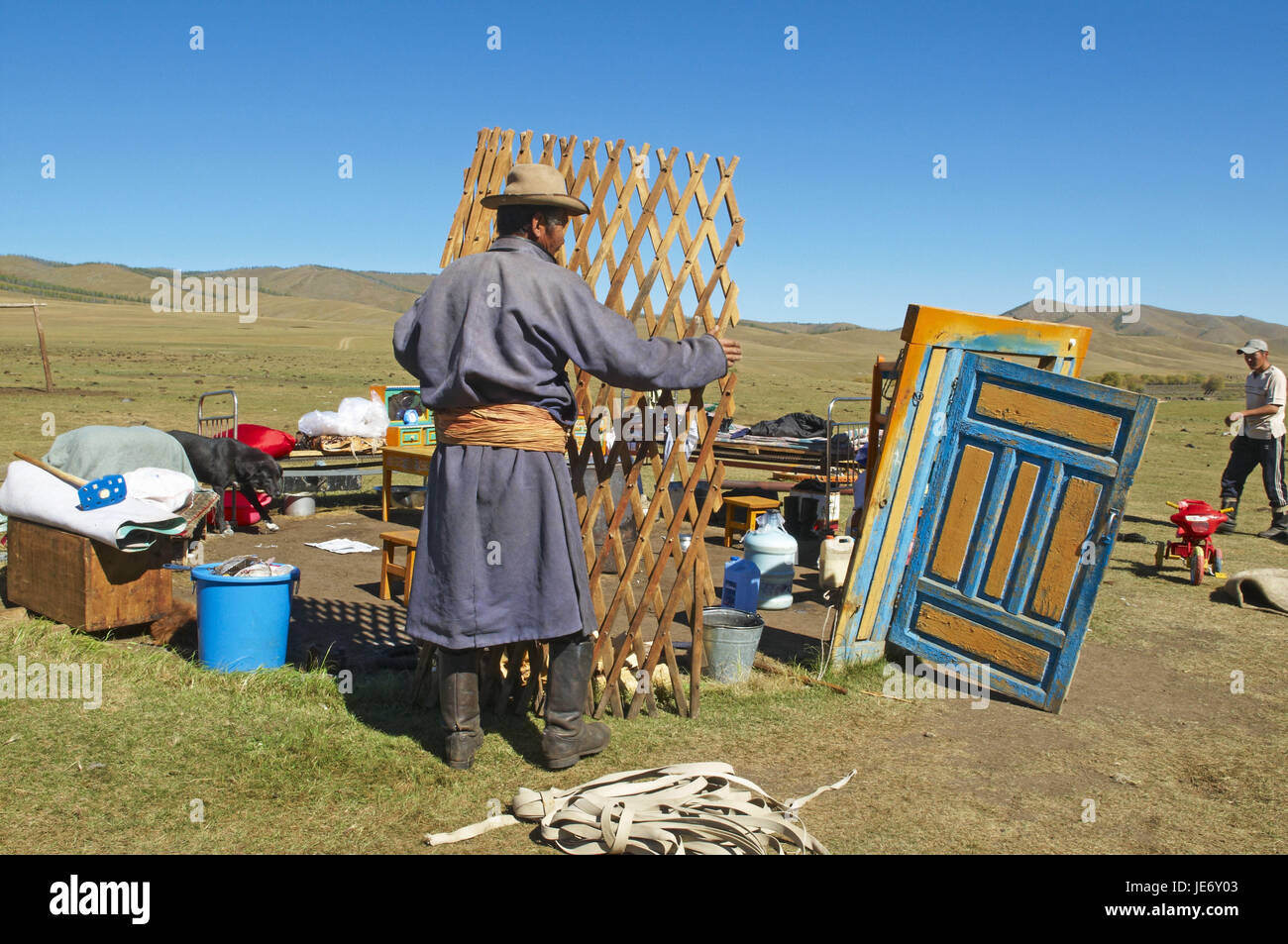 In Mongolia e in Asia centrale, provincia Arkhangai, nomad, supporto, Jurte break down, Foto Stock