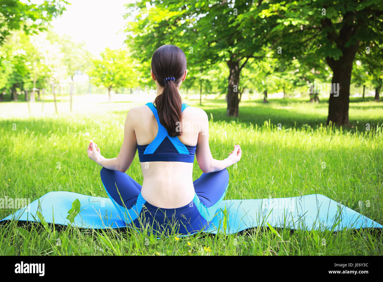 Ragazza fa esercizio di yoga nel parco. La ragazza di lotos pongono sul prato verde. Pretty girl fare yoga all'esterno. Foto Stock