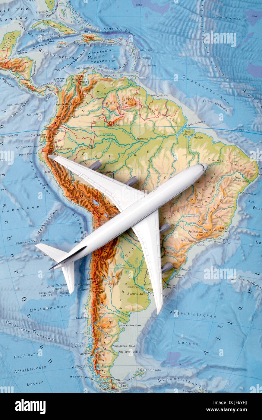 In aereo su una mappa di Sud America, Foto Stock